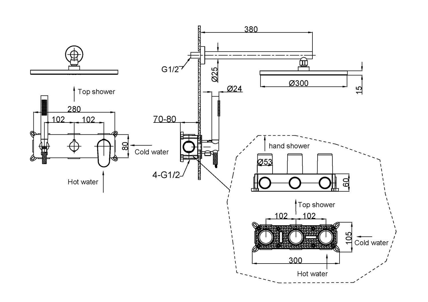 Boheme Spectre Душевой комплект встраиваемый - смеситель, верхний, ручной душ, цвет: nickel brush 454-NB