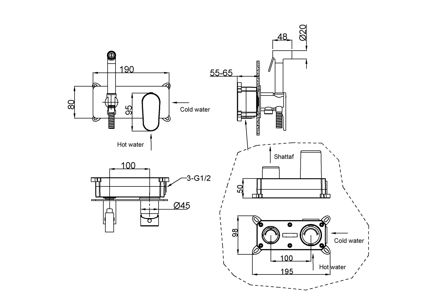 Boheme Spectre Гигиенический душ со смесителем и встраиваемой частью, цвет: matt white 457-MW