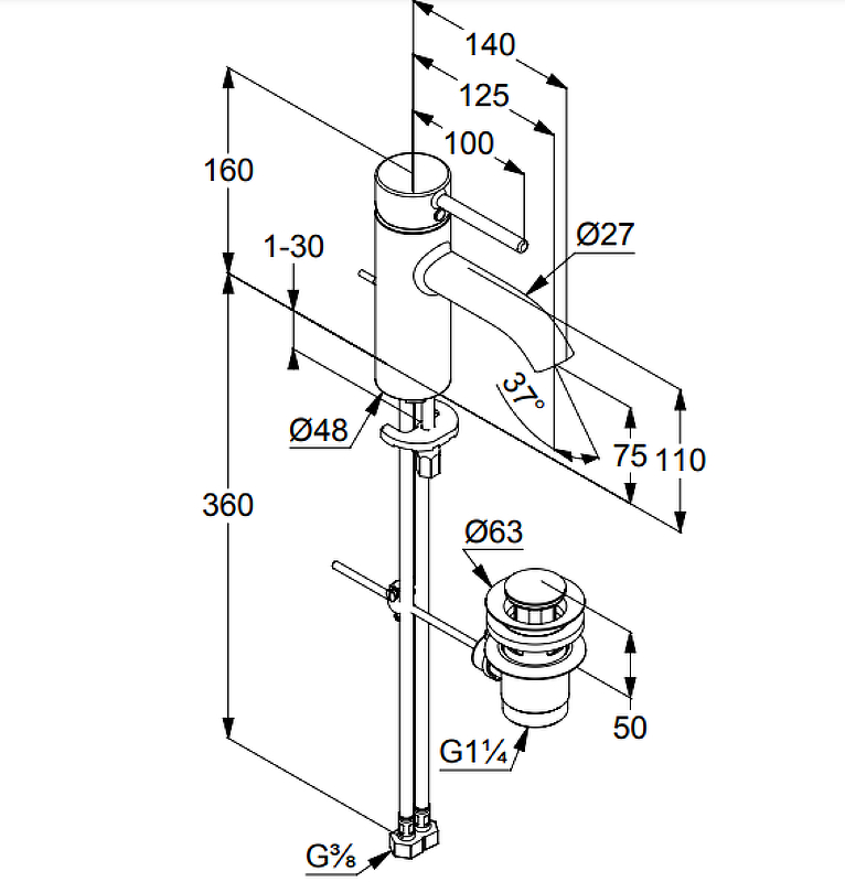 Kludi Bozz Смеситель для раковины, c д/к, длина излива 12,5 см, цвет: черный матовый 382663976