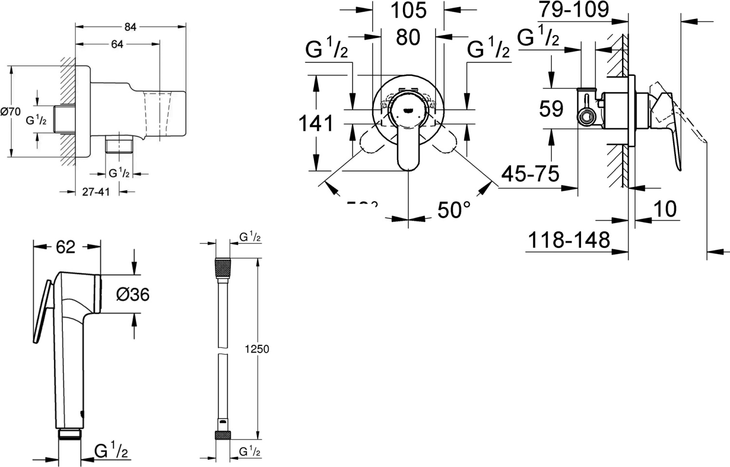 Grohe BauEdge Душ гигиенический 1 вид струи, комплект хром 124898