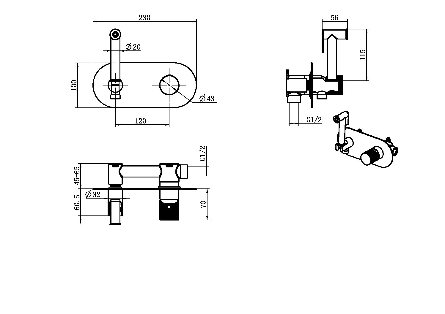 Boheme Stick Diamond Гигиенический душ со смесителем и встраиваемой частью, цвет: black 127-BB