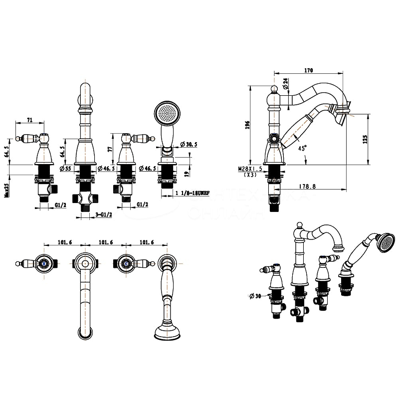 Boheme Royal Cristal Spirale Смеситель на борт ванны, на 4 отверстия, с ручным душем, цвет: bronze 391-Royal/CRST