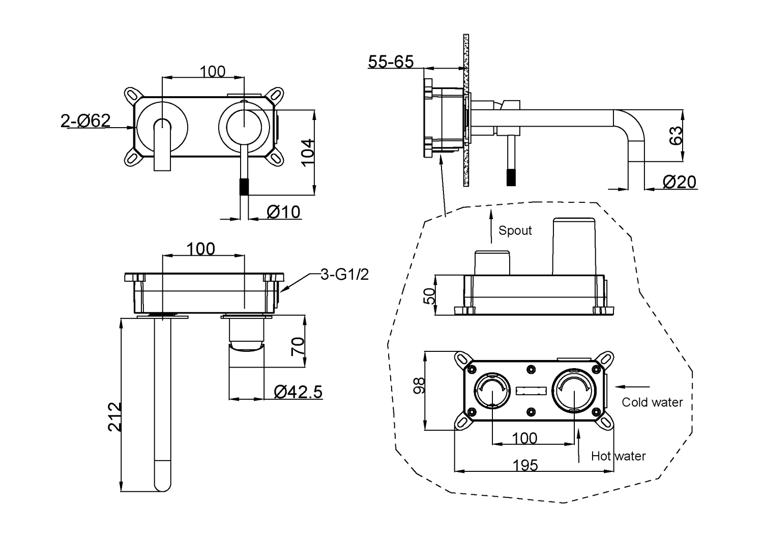 Boheme Uno Смеситель для раковины встраиваемый, излив, с внутренней частью, цвет: gun metall 465-GM