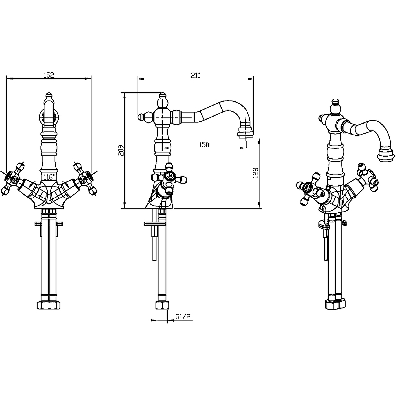 Boheme Crystal Смеситель для раковины без донного клапана, длина излива 15 см, цвет: gold 292-CRST