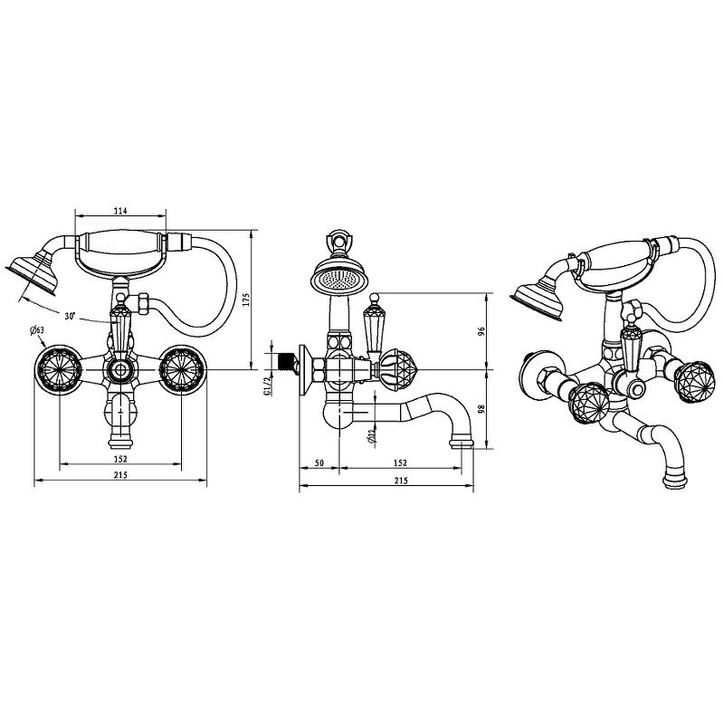 Boheme Brillante Presente Смеситель для ванны с душевым набором, излив 21,5 см, цвет: chrome 353