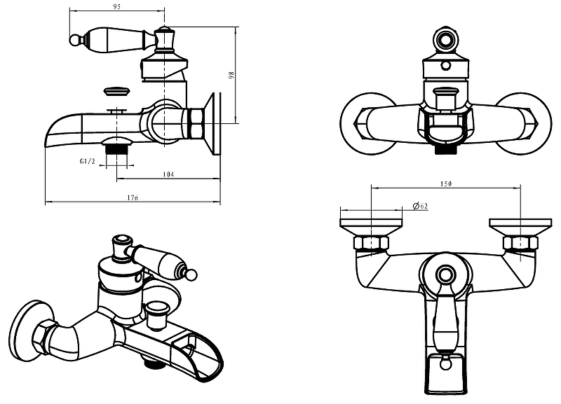 Boheme Vogue Смеситель для ванны, излив каскад, длина излива 17,6 см, ручка керамика, цвет: gold 213