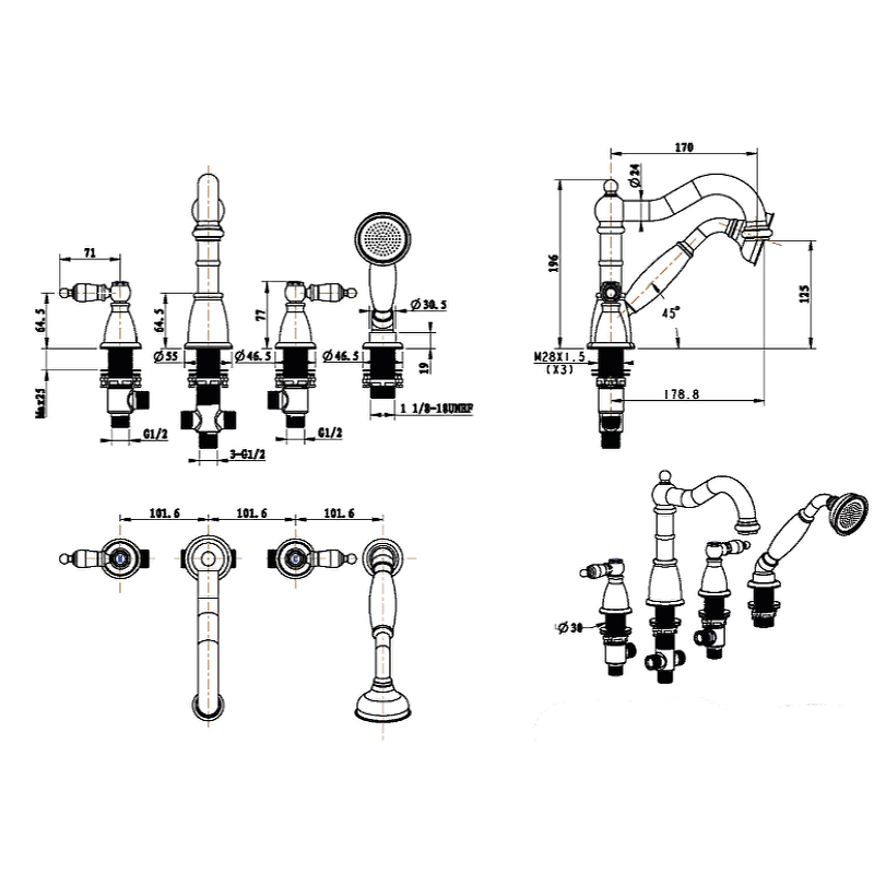 Boheme Chromo Смеситель на борт ванны, на 4 отверстия, с ручным душем, цвет: chrome 396