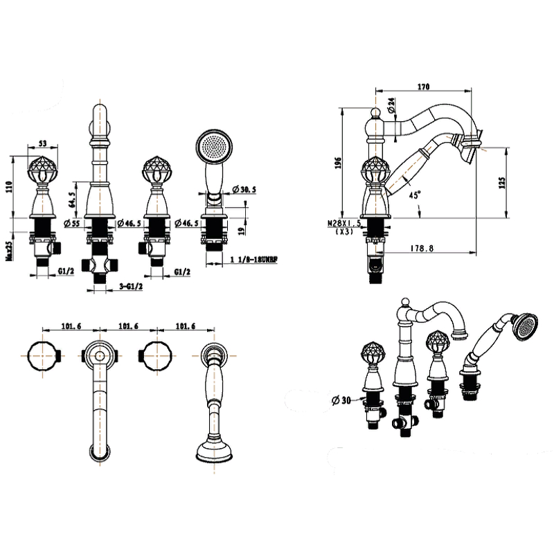 Boheme Brillante Spirale Смеситель на борт ванны, на 4 отверстия, с ручным душем, цвет: chrome 393