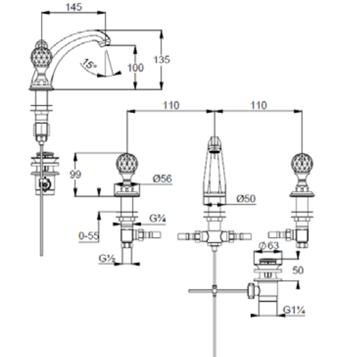 Kludi Adlon Смеситель для раковины на 3 отвер., руч. хрус., с д/к, длина изл. 14,5 см, цвет: зол. 5104345G4