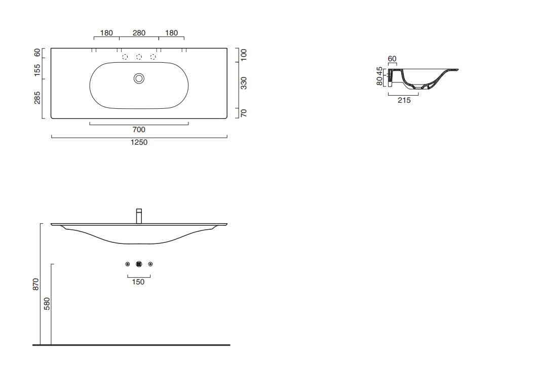 Catalano Comfort Раковина подвесная 125x50x14,5h см, без перелива, покр Cataglaze цвет: белый глянц. 0521260001