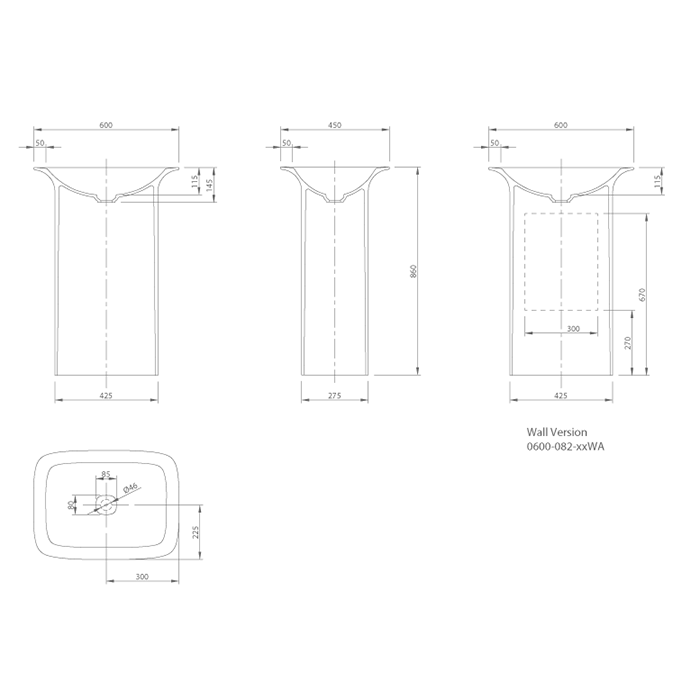 Knief Glam Раковина напольная 60х45х86h cм, K-Stone, выпуск в стену, цвет: белый матовый 0600-082-01WA