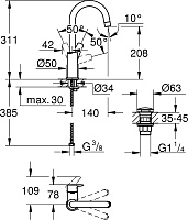 Grohe Eurosmart Смеситель для раковины высокий, с д/к, высота излива 20,8 см, цвет: хром 23970003