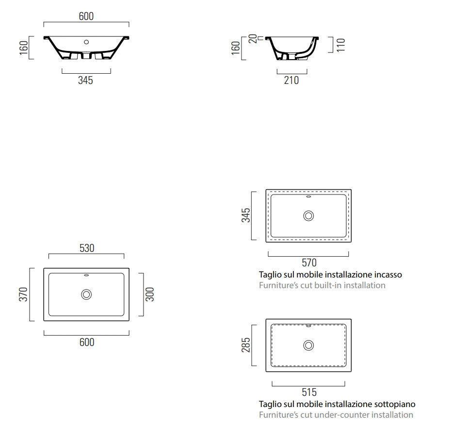 GSI Kube X Раковина встраиваемая сверху 60x37 см, с переливом, без д/к, цвет: белый глянцевый 895311