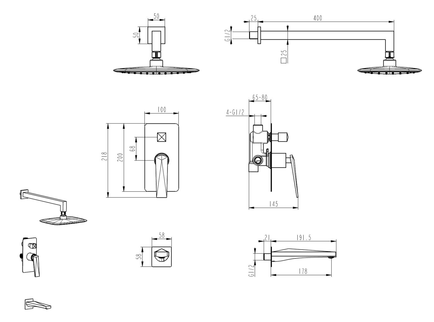 Boheme Venturo Душевой комплект встраиваемый - смеситель, верхний, ручной душ, шланг, цвет: chrome 374-2
