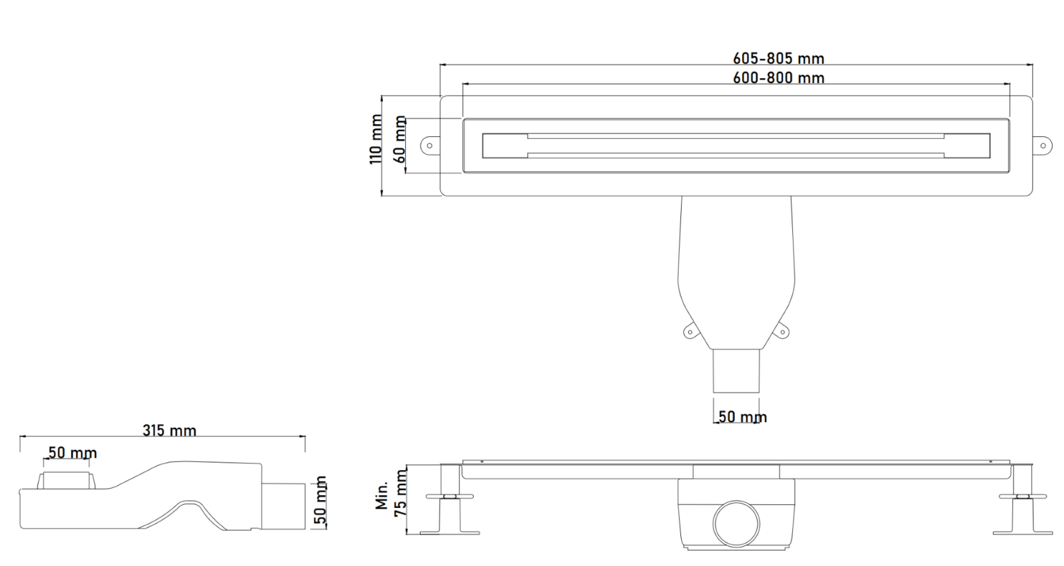 Boheme Трап линейный 60 см, с решеткой со щелью для воды и сифоном, цвет: black 983-60-B