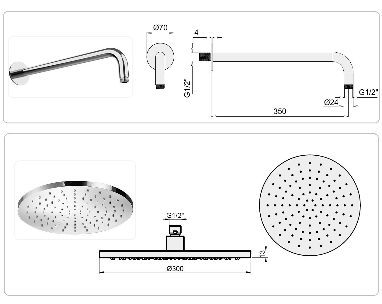 Almar Round Душевой комплект настенный: верхний и ручной душ, держатель 35 см, вывод, цвет: chrome E221008.CR
