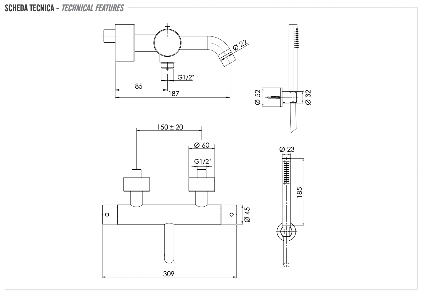 Remer X Style Inox Термостат для ванны с душем, лейка, шланг 150 см, цвет: inox spazzolato SSXT02