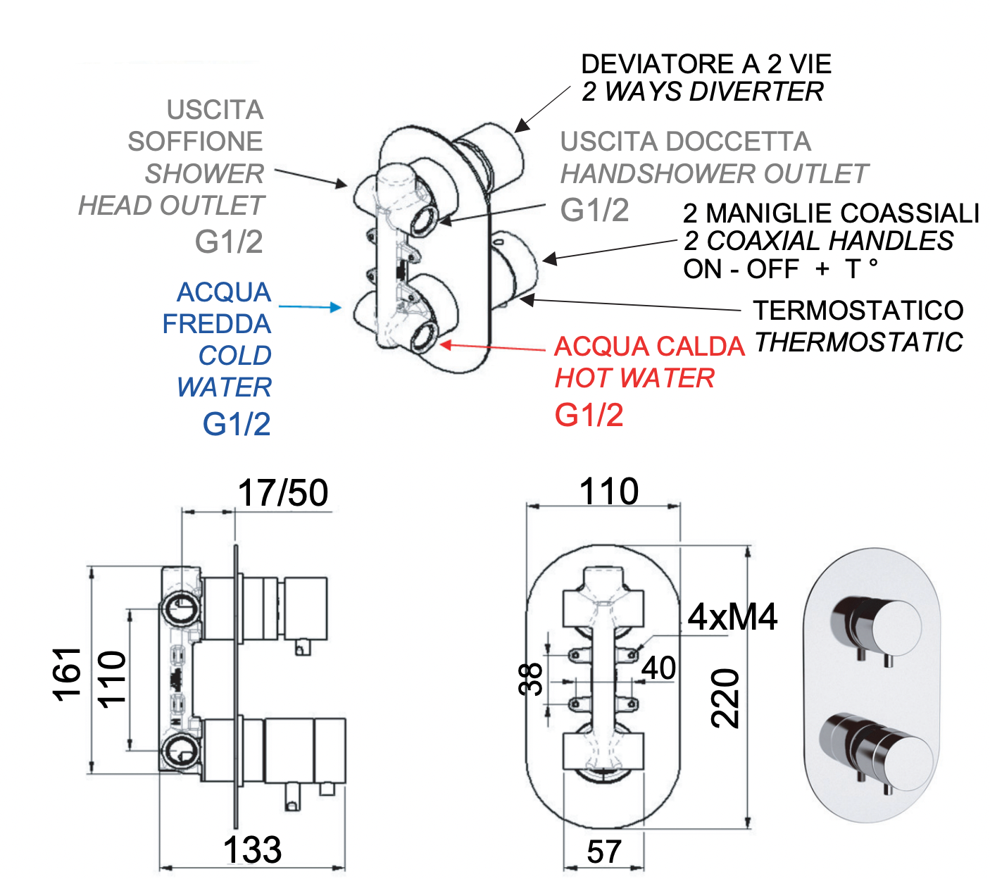 Remer Elegance Термостат для ванны встраиваемый, 2 потребителя, с скрытой частью, цвет: oro lucido NT92DO