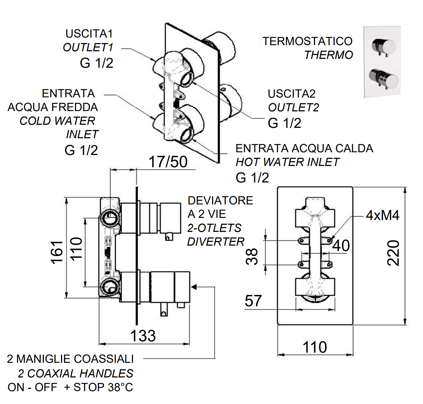 Remer Elegance Термостат для ванны встраиваемый на 2 потребителя, с встраиваемой частью, цвет: cromo NT92Q