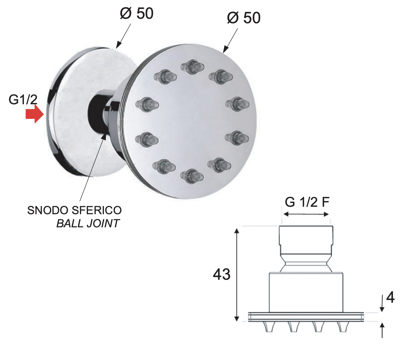 Remer Душевая форсунка бокового душа 5 см, цвет: cromo NX34JET
