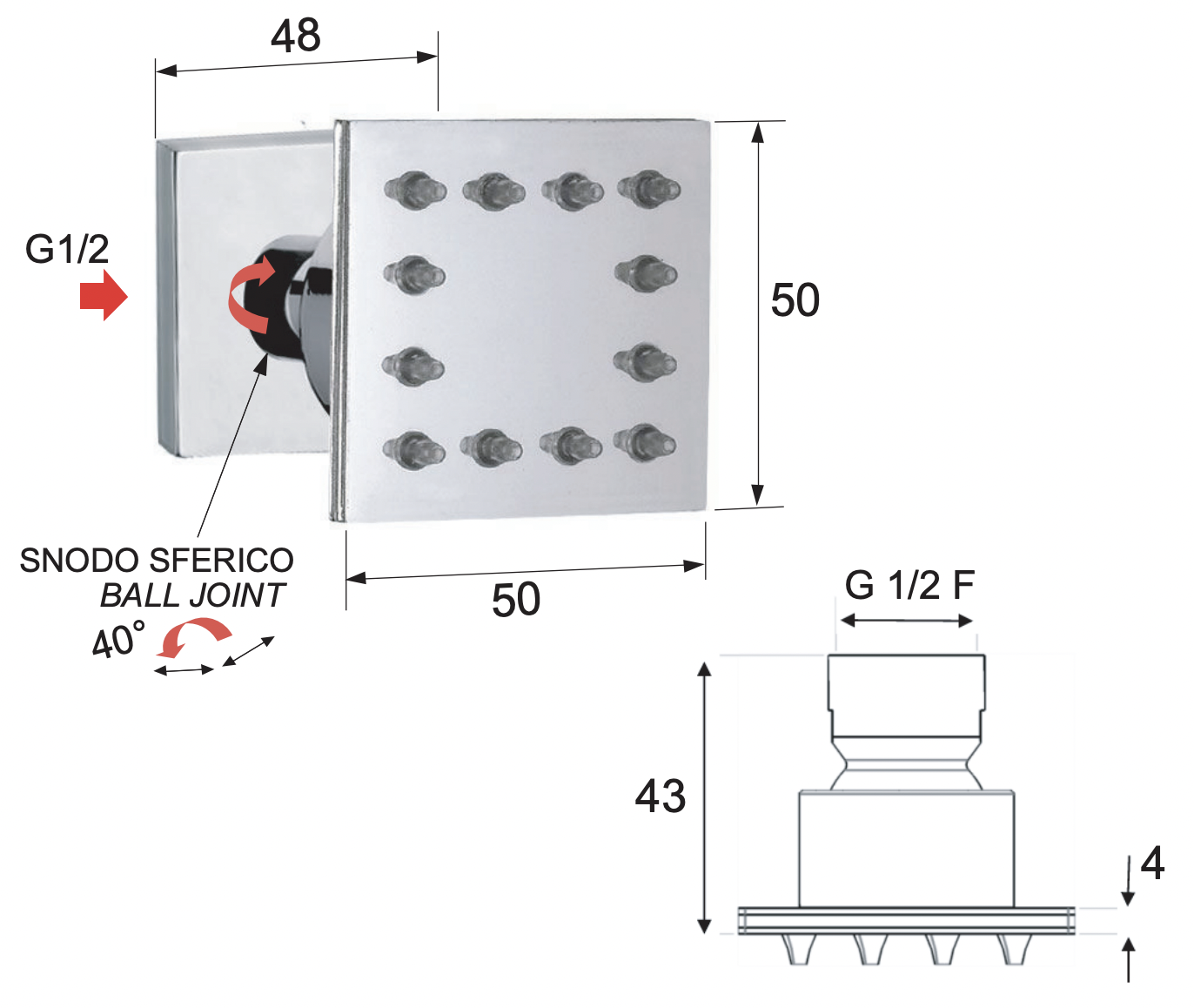 Remer Душевая форсунка бокового душа 5 см регулируемая, цвет: cromo QX34JET