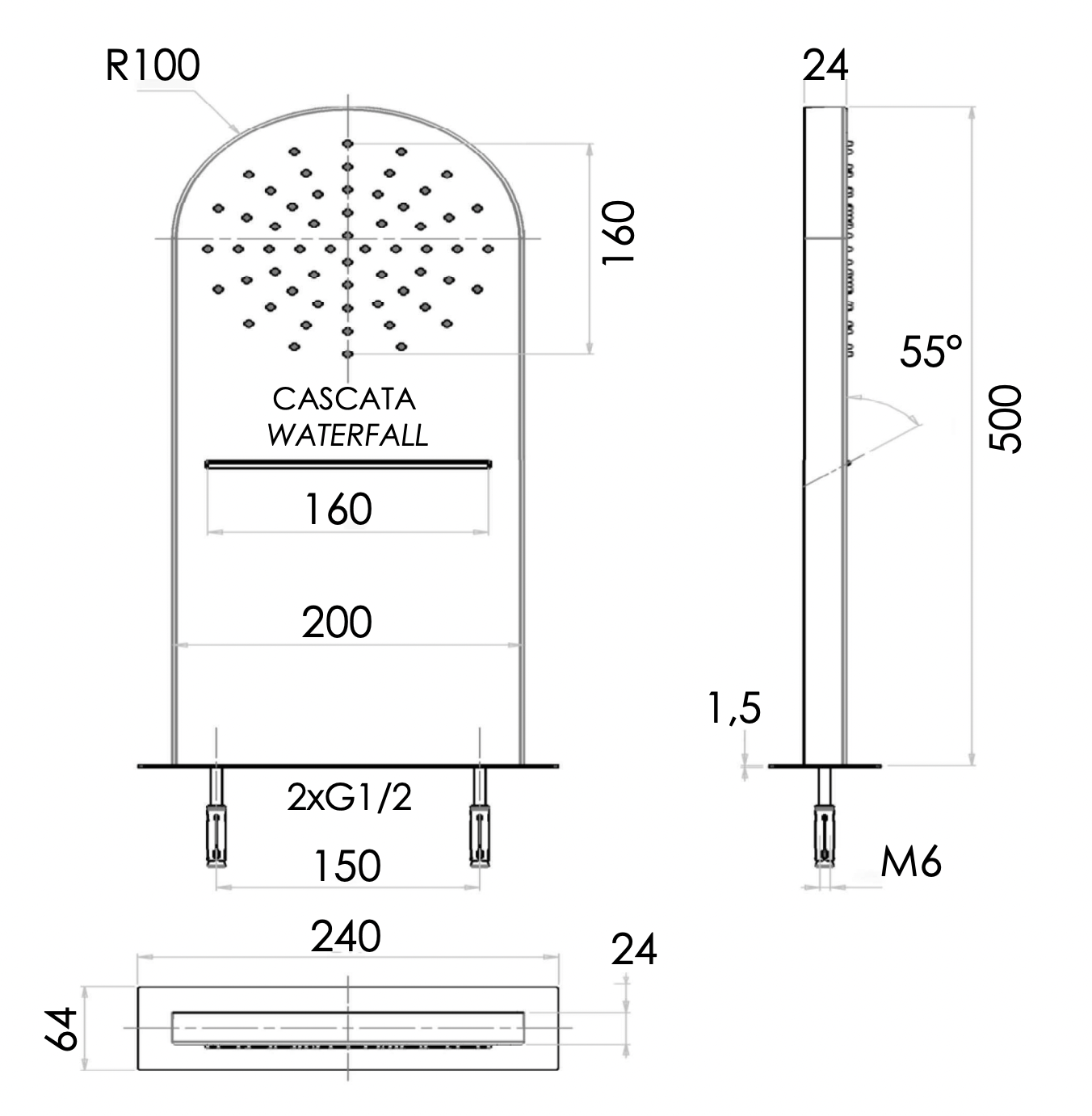 Remer Верхний душ настенный 20x50 см, 2 режима, цвет: cromo 350MMCAX