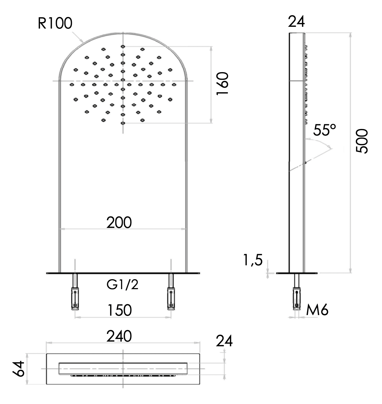 Remer Верхний душ настенный 20x50 см, 1 режим, цвет: nero opaco 350MMNOX