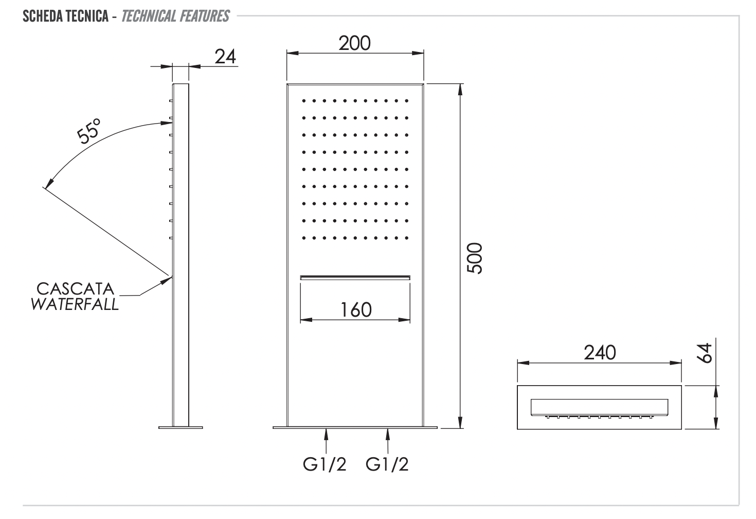 Remer Верхний душ настенный 20x50 см, 2 режима, цвет: nero opaco 350SSCANOX