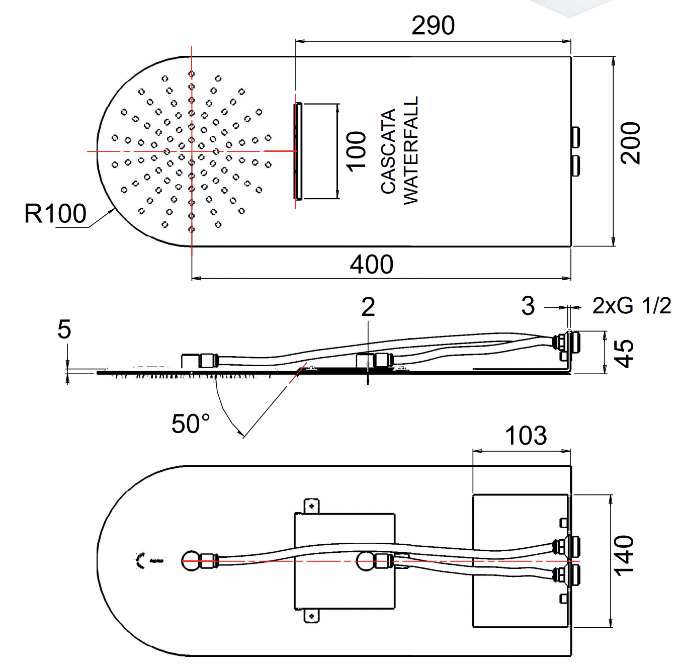 Remer Верхний душ настенный ультратонкий 20x50 см, 2 режима, цвет: nero opaco 350UFMCANOX