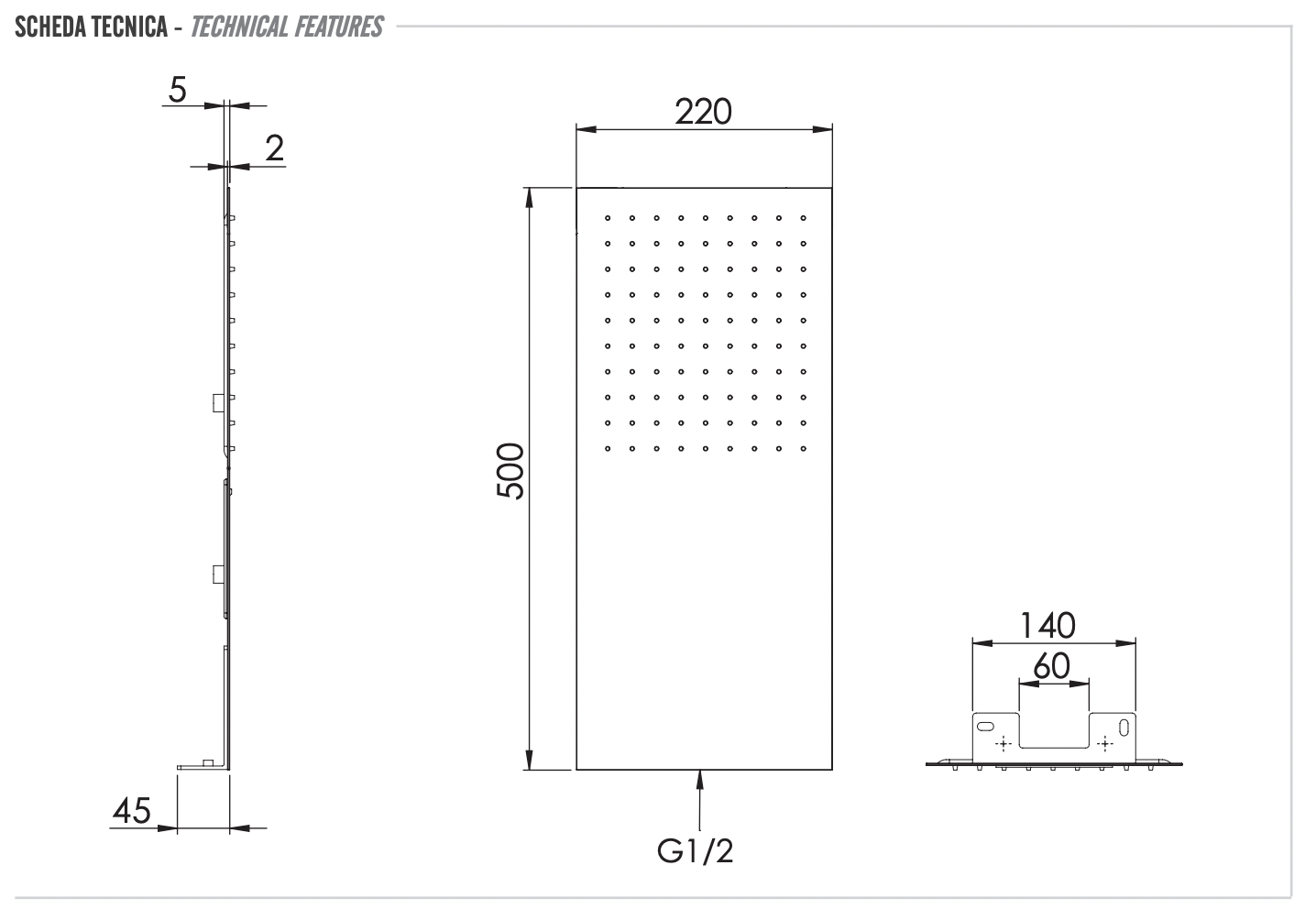 Remer Верхний душ настенный ультратонкий 22x50 см, 1 режим, цвет: inox spazzolato SS350UFX
