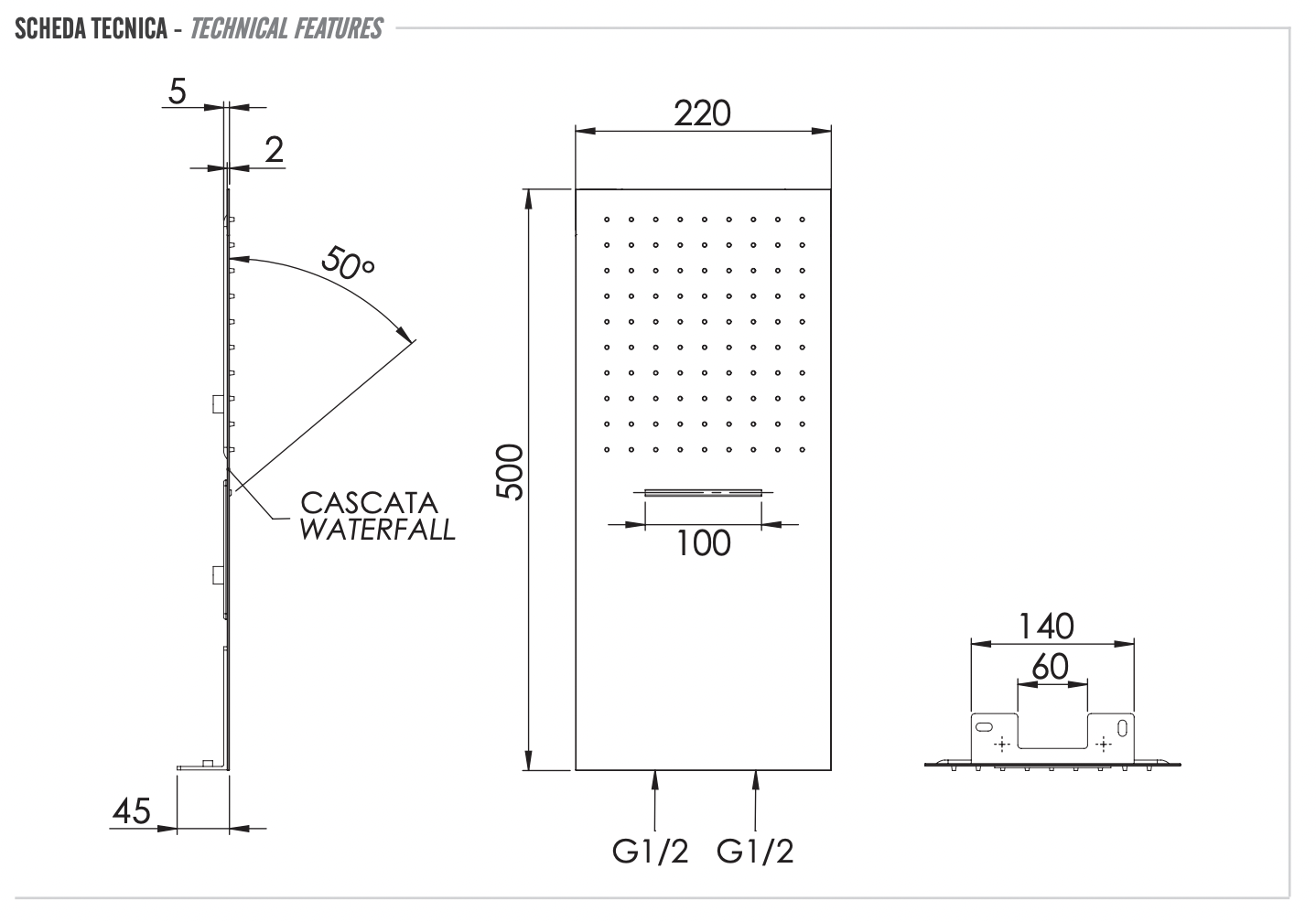 Remer Верхний душ настенный ультратонкий 22x50 см, 2 режима, цвет: cromo 350UFCAX