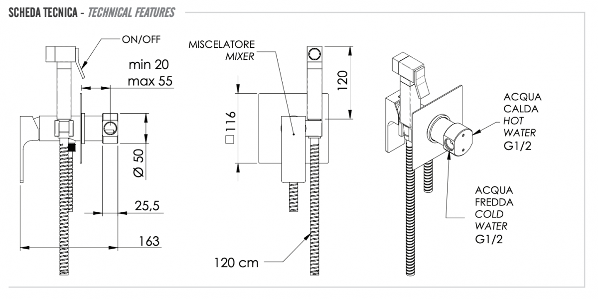 Remer Absolute Гигиенический душ со смесителем, шланг 120 см, цвет: nichel spazzolato AU65NP