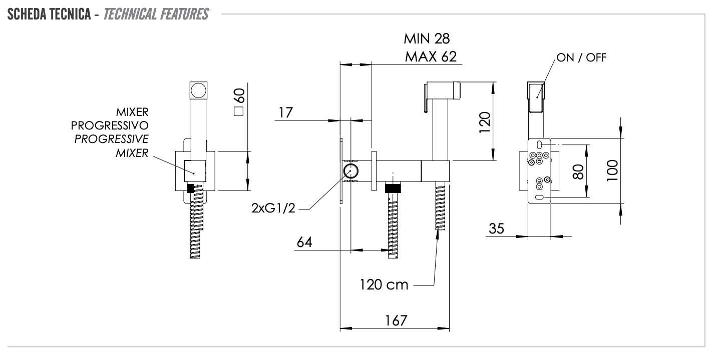 Remer Absolute Гигиенический душ с прогрессивным смесителем, шланг, цвет: cromo nero spazzolato Q64CFP