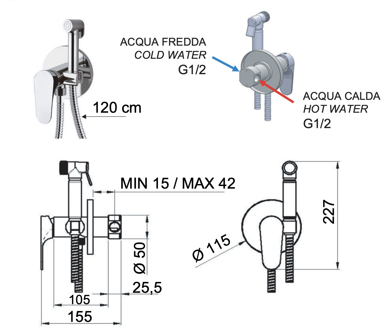 Remer Class Line Гигиенический душ со смесителем, шланг 120 см, с встраиваемой частью, цвет: cromo L65W