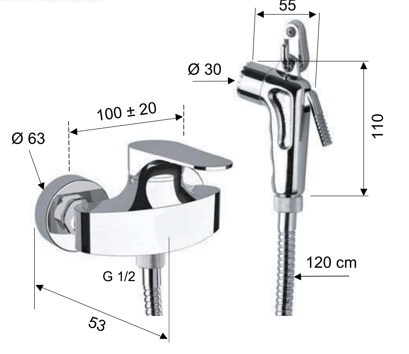 Remer Class Line Гигиенический душ со смесителем, крючок для душа, шланг 120 см, цвет: cromo LC31DP