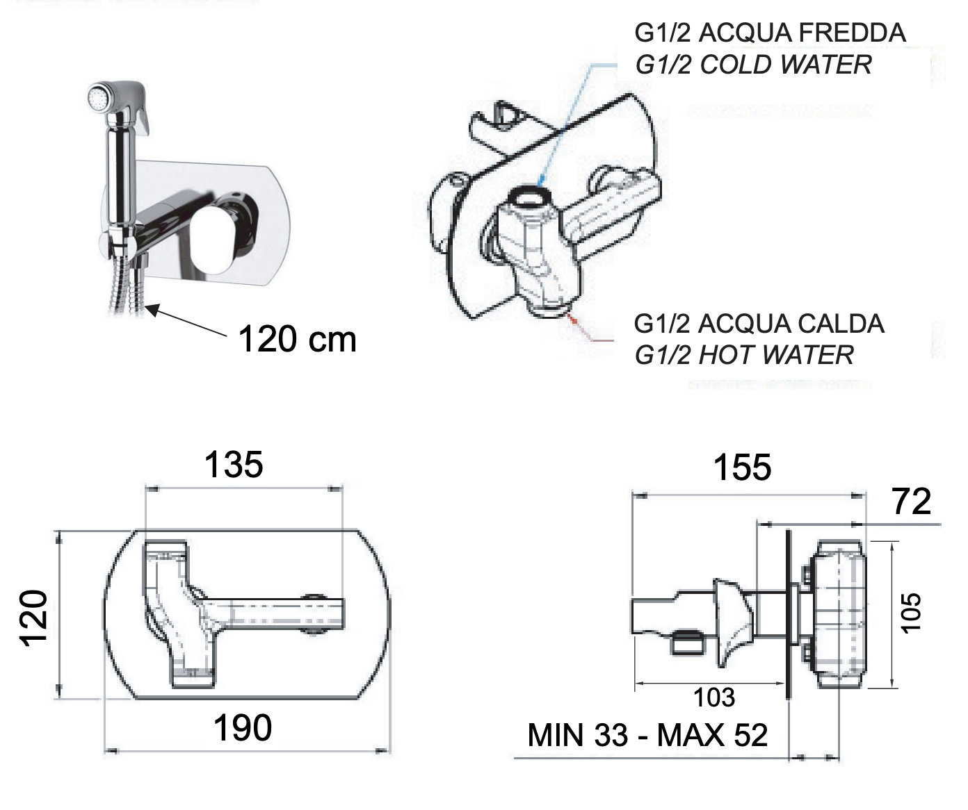 Remer Infinity Гигиенический душ со смесителем, шланг, с встраиваемой частью, цвет: nero opaco I60NO