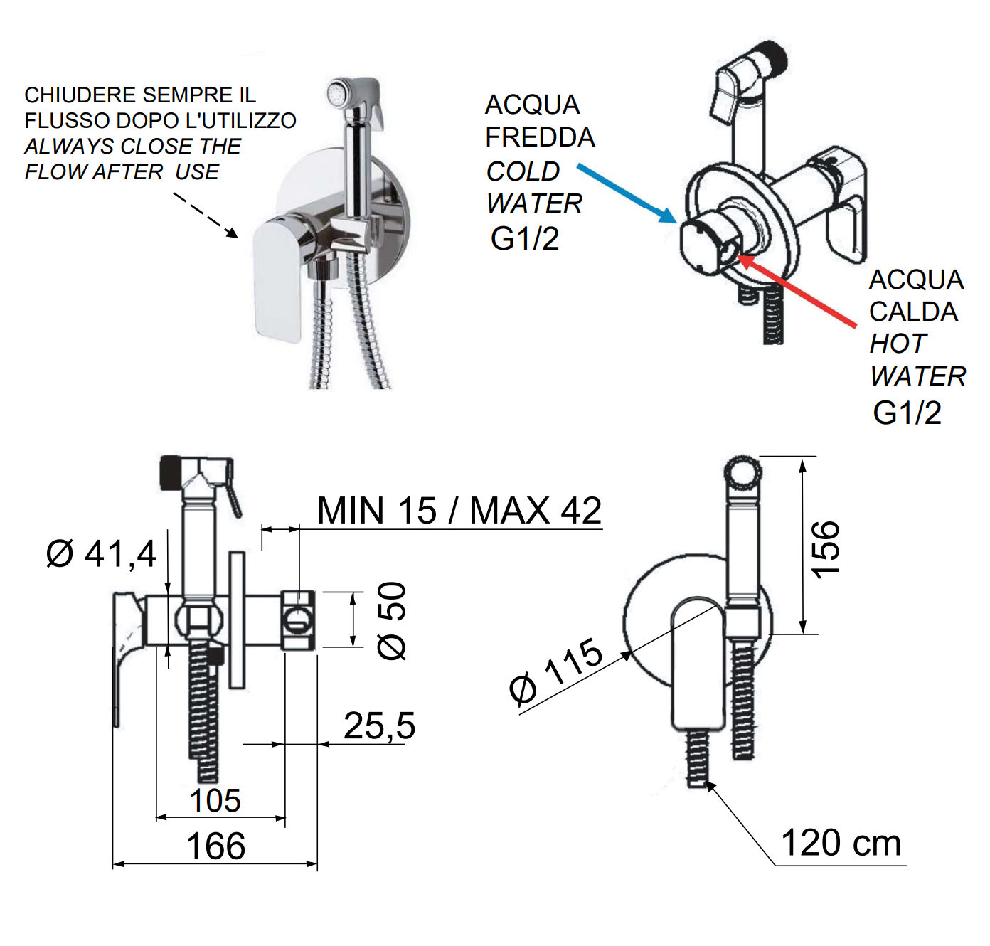Remer Infinity Гигиенический душ со смесителем, шланг, с встраиваемой частью, цвет: oro spazzolato I65BG