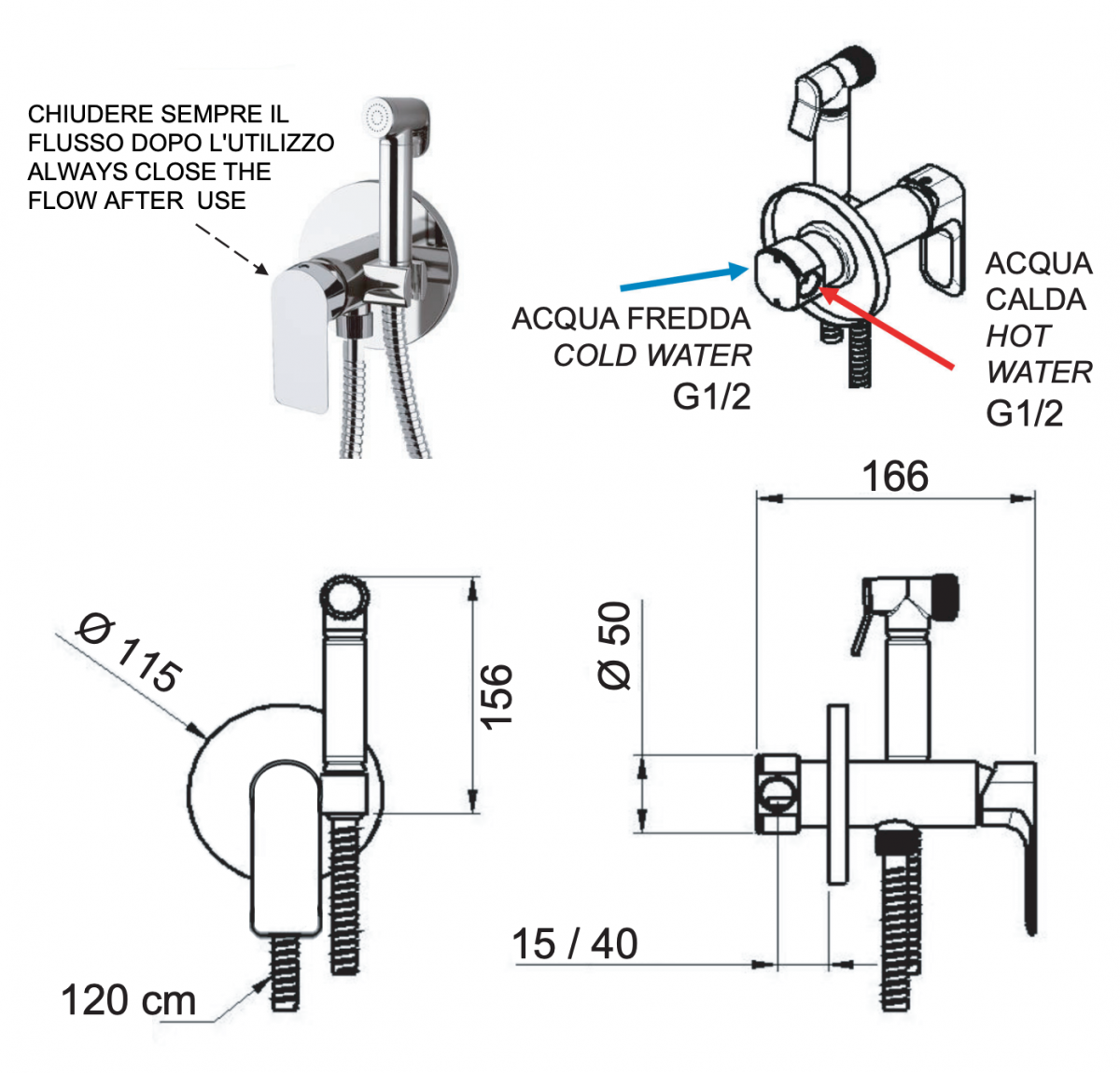 Remer Infinity Гигиенический душ со смесителем, шланг 120 см, цвет: nichel spazzolato I65WNP