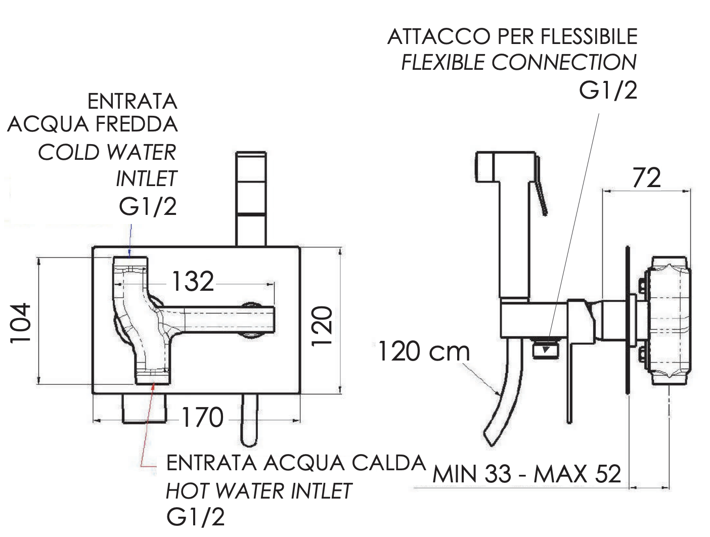 Remer Qubika Гигиенический душ со смесителем, шланг 120 см, с встраиваемой частью, цвет: cromo Q60