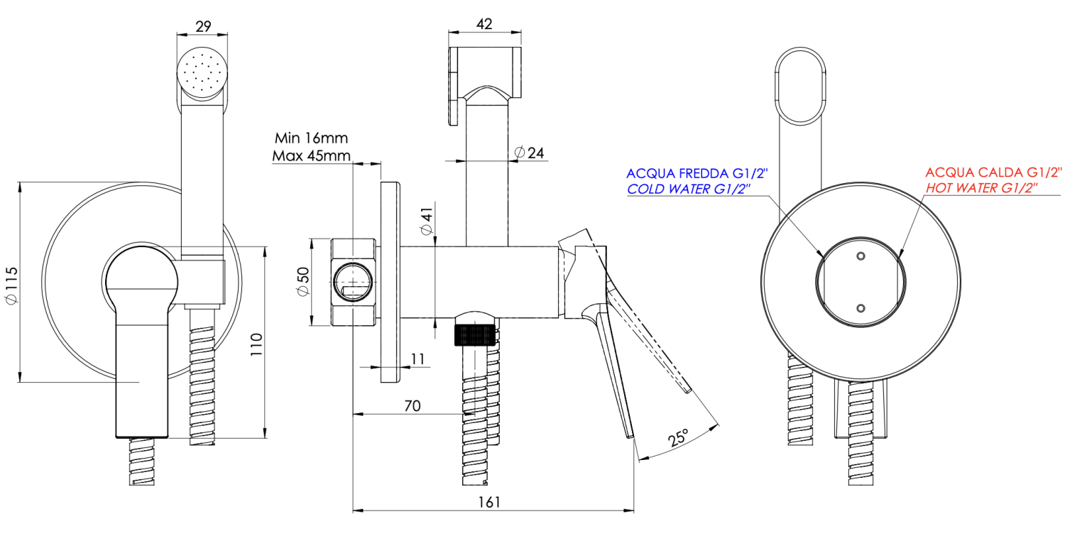 Remer Slash & Dot Гигиенический душ со смесителем, шланг, с встраиваемой частью, цвет: nero opaco SL65WNO
