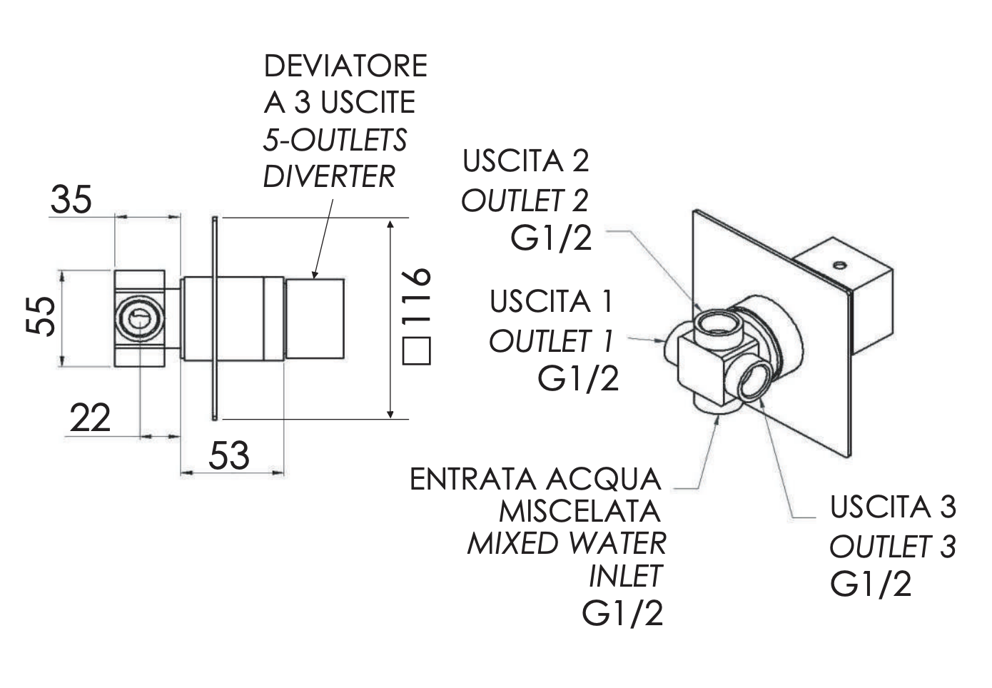 Remer Qubika Переключатель потоков на 3 выхода, с внутренней частью, цвет: cromo Q93DEV3