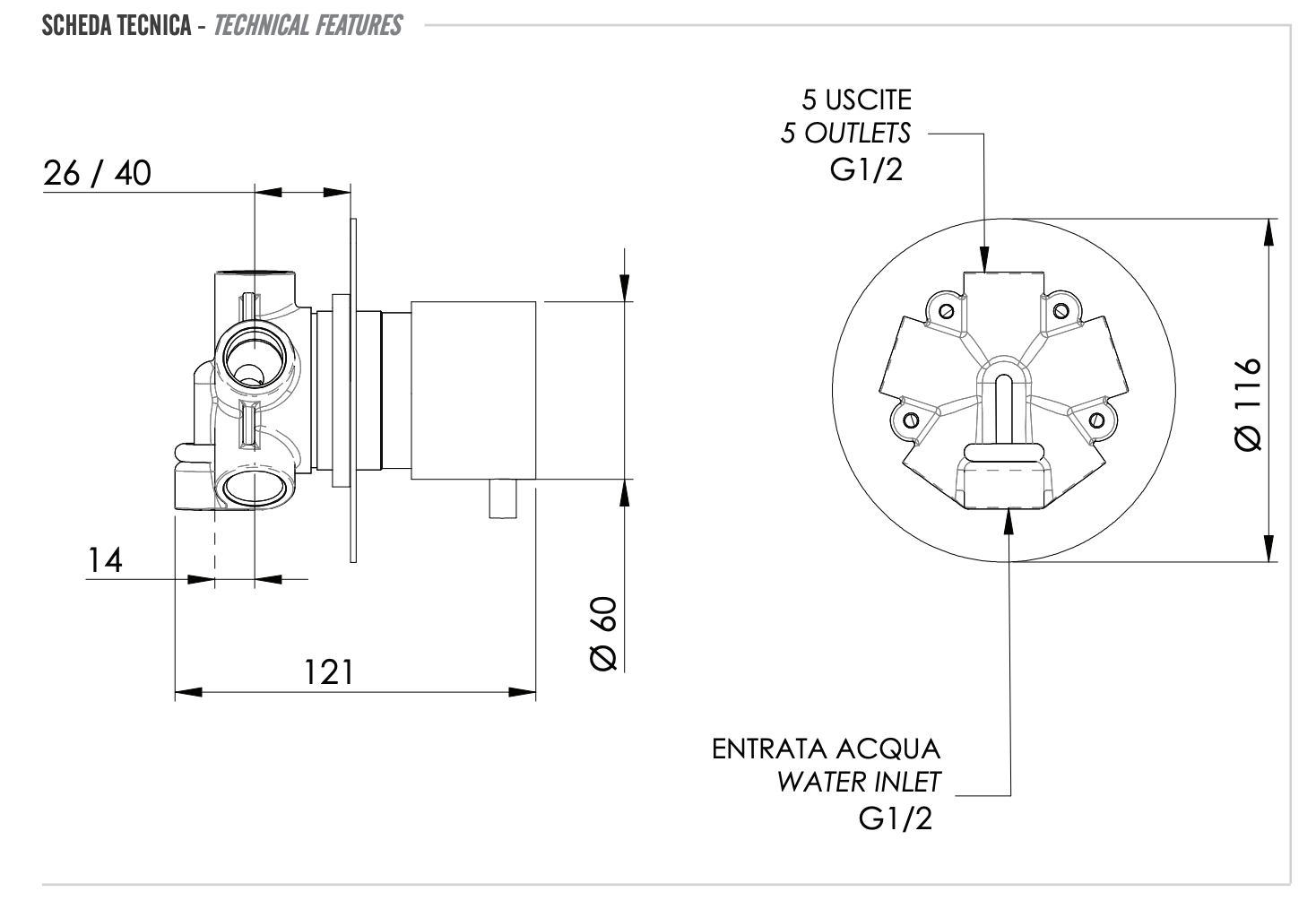 Remer X Style Переключатель потоков на 5 выходов, с внутренней частью, цвет: cromo N34DEV5