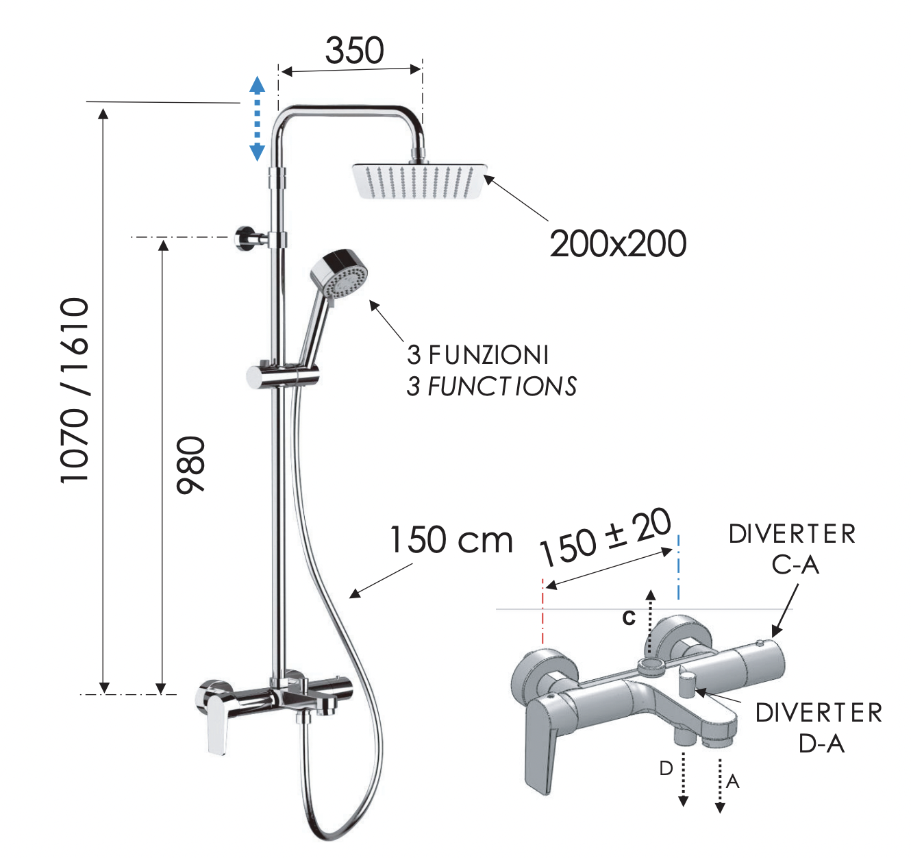 Remer Dream Душевая стойка: смеситель, верхний душ 25 см, лейка, штанга 161 см, шланг, цвет: cromo D34AUFD20