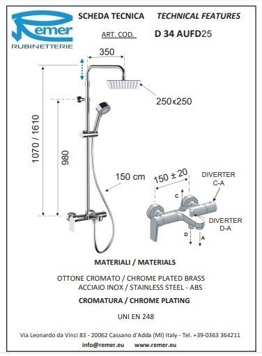 Remer Dream Душевая стойка: смеситель, верхний душ 25 см, лейка, штанга 161 см, шланг, цвет: cromo D34AUFD25