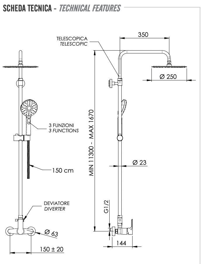 Remer Energy Душевая стойка: смеситель, верхний душ 25 см, лейка, штанга 167 см, шланг, цвет: cromo EY37A8MPUFM25G