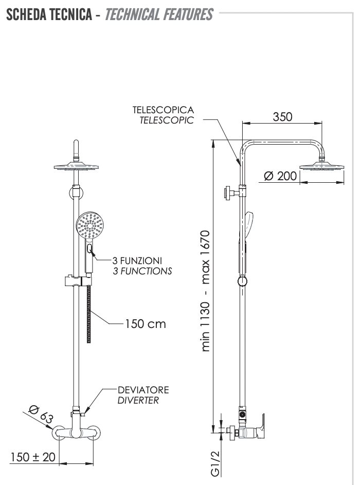 Remer Energy Душевая стойка: смеситель, верхний душ 20 см, лейка, штанга 167 см, шланг, цвет: cromo EY37AEC20