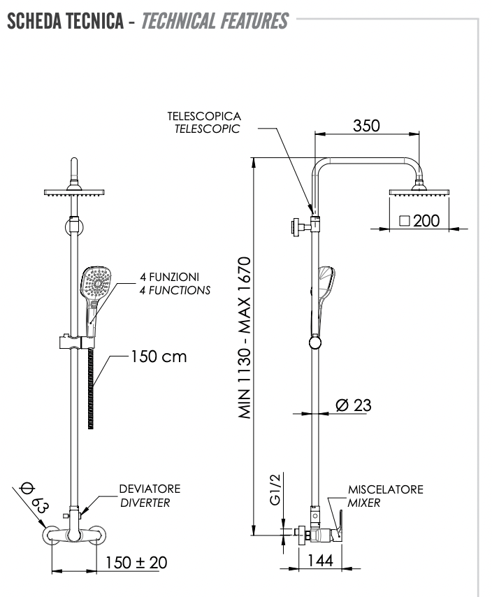 Remer Energy Душевая стойка: смеситель, верхний душ 20 см, лейка, штанга 167 см, шланг, цвет: cromo EY37ASD20