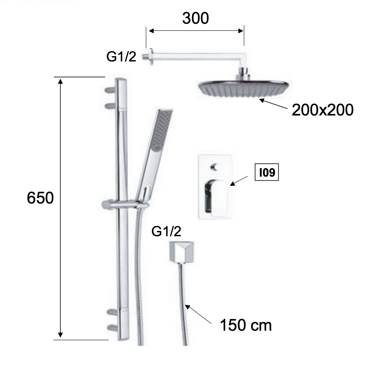 Remer Infinity Душевой комплект: смеситель, верхний душ 20 см, лейка, штанга 65 см, цвет: cromo i09S01