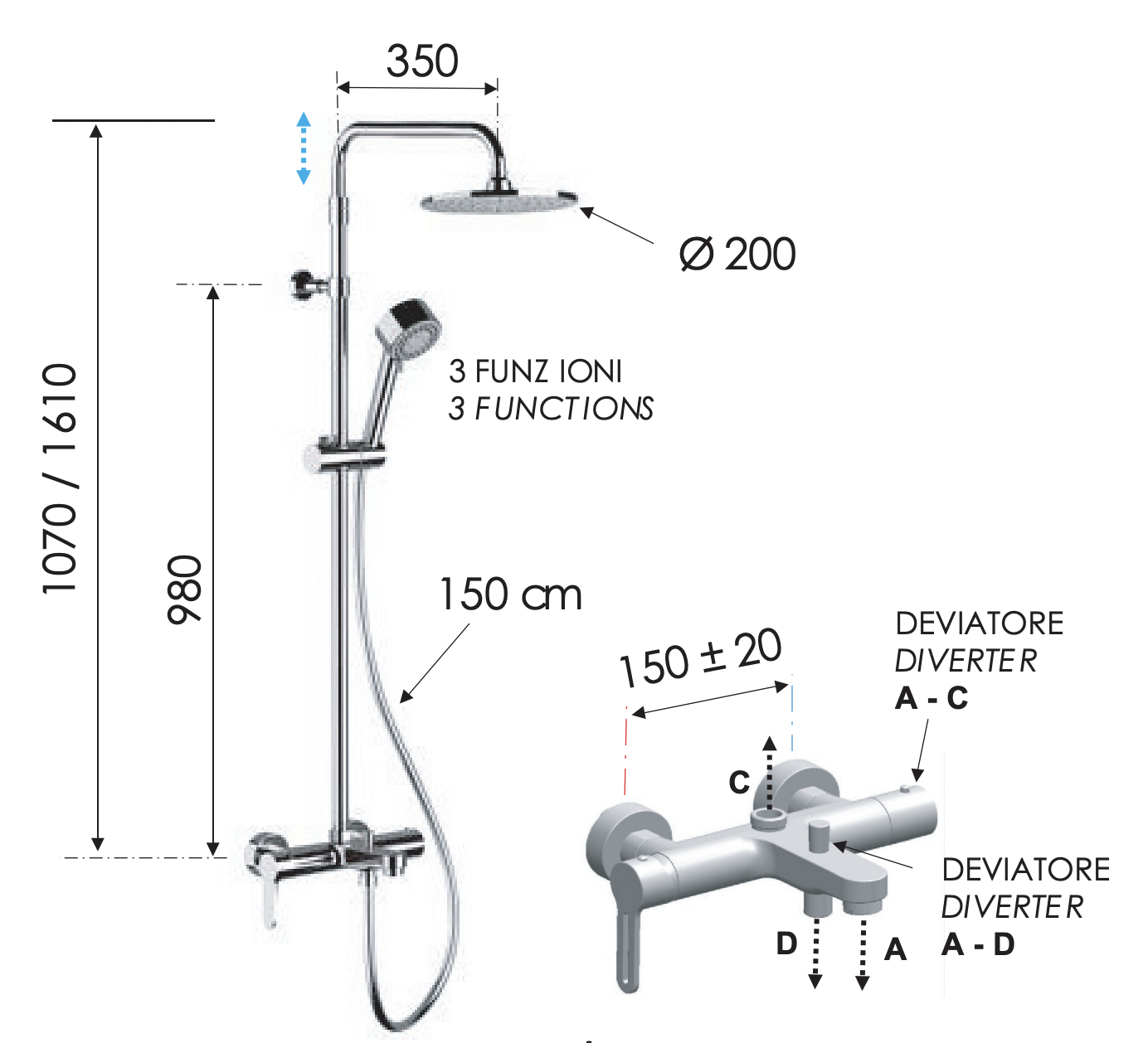 Remer Winner Душевая стойка: смеситель, верхний душ 20 см, лейка, штанга 161 см, шланг, цвет: cromo W34AEC20