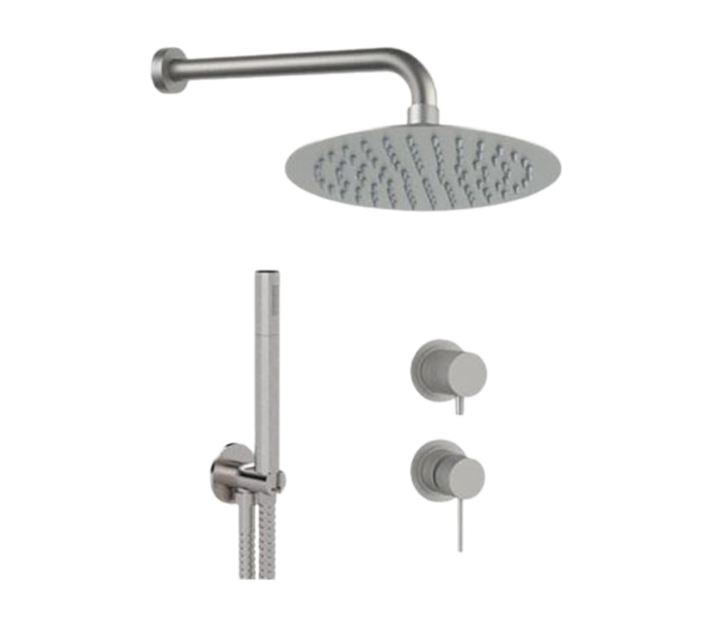 Remer X Style Inox Душевой комплект: смеситель, верхний душ 25 см, лейка, цвет: inox spazzolato SSX92PS02UFM25